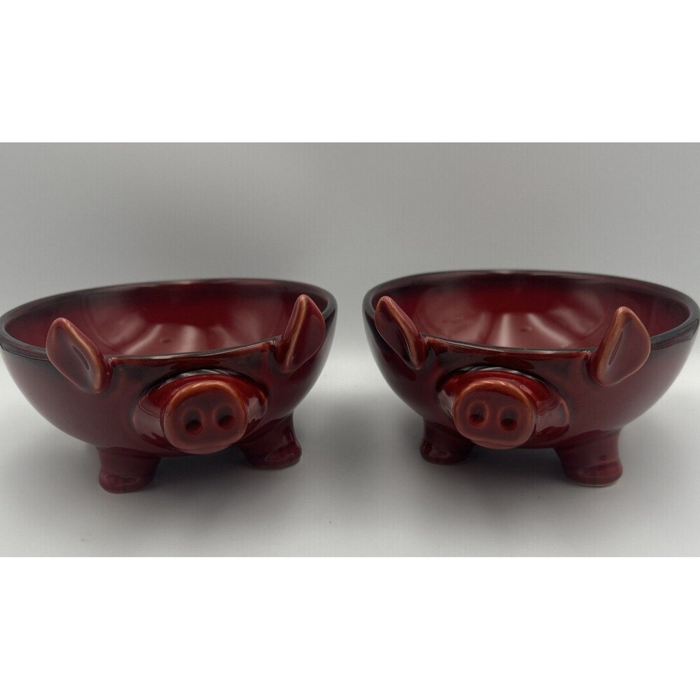 Vtg NapaStyle Red Ceramic Pig Serving Bowls Michael Chiarello 2 Pc Set Glossy